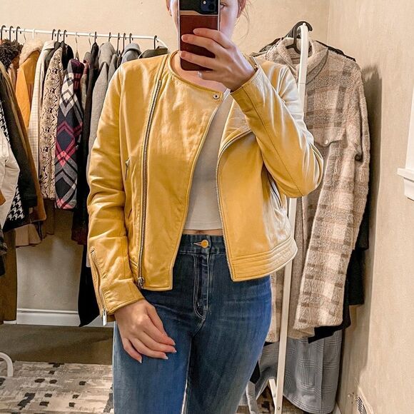 Mango Genuine Leather Biker Jacket Orange Mustard S - Picture 9 of 9